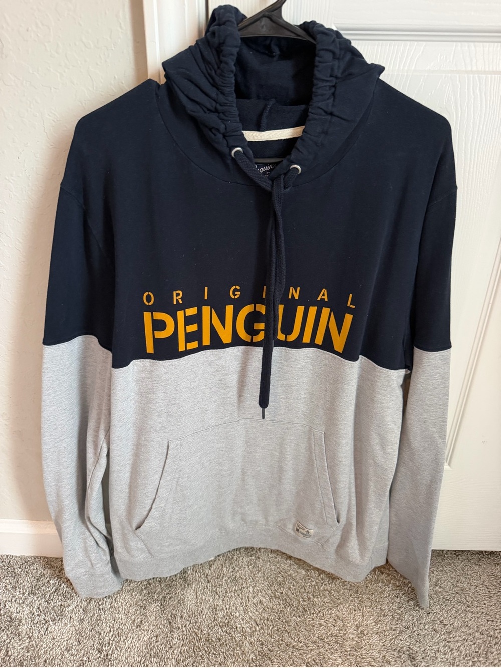 Original Penguin Navy & Light Gray Colorblock Hoodie with Yellow Logo